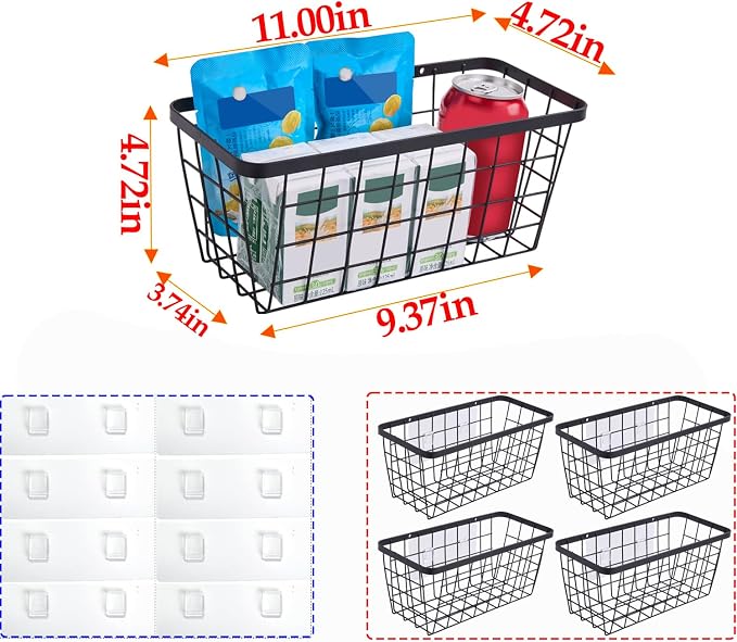 4 set Hanging Wall Basket Organizer,Over the Cabinet Door Wire Baskets for Organizing -Space-Saving Hanging Baskets for Organizing,Wall Mount Storage,No Drilling Adhesive Wall Storage Basket, Black - Image 2