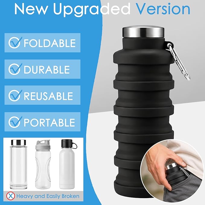 4 Pack Collapsible Water Bottles, 16oz Portable Reusable Silicone Water Bottle, Foldable Water Bottles for Travel Gym Camping Hiking, Leak Proof Sports Water Bottle with Carabiner (Bright Color) - Image 4