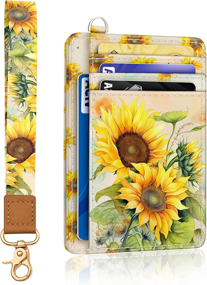 Yonlevres Sunflower Credit Card Holder Slim RFID Wallet Women Wristlet Gift | Front Pocket, Handy, RFID Blocking, Woman Girls Ladies Gifts, D-ring for Keychain,Thin Mini Card Case, ID Window, PU Leather by Yonlevres