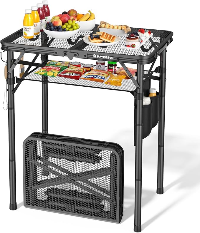 Raynesys Portable Folding Grill Table for Outside for Picnic, Camping | 3 Height Adjustable Small Camping Table with Mesh Bag, Metal Aluminum Folding Table, 23.62 x 15.75 inches, Black by Raynesys