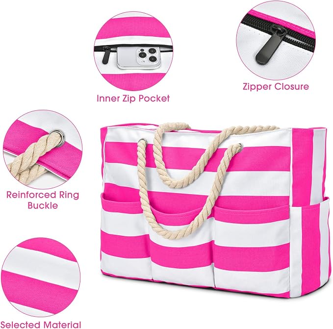 Becokan Beach Bags for Women Canvas Large Beach Tote Bag Zipper Waterproof Sandproof Foldable Swim Pool Bag with 7 Pockets - Image 4