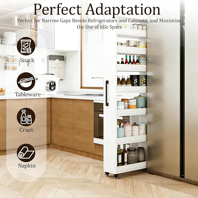 Rolling Spice Rack Next To Side Of Fridge Storage Slim Narrow Shelf Lightweight 7 Tier Wooden Storage Cart For Kitchen , Dining Room, Bathroom, Small Spaces (White, 72.4"H x 9.8"W x 21.6"D) - Image 6