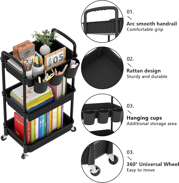 MOYIPIN 3-Tier Plastic Rolling Utility Cart with Handle,Utility Storage Cart for Office, Living Room, Kitchen,Movable Storage Organizer Shelves,Black with 3 Hanging Cups - Image 6