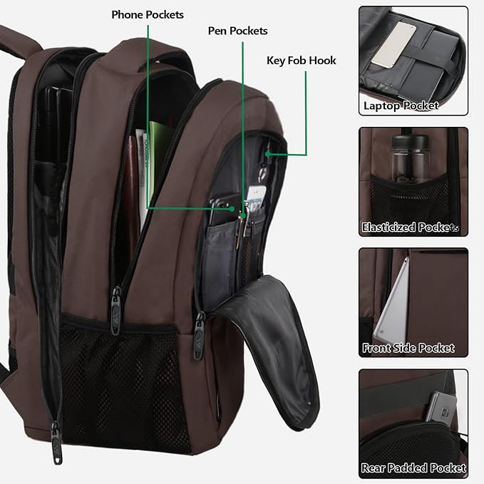 MATEIN Brown 17.3 Inch Laptop Backpack, Extra Large TSA Friendly Travel Bag | Anti Theft, Flight Approved, Carry On Business Daypack, Work College Bag, Sturdy Water Resistant, Gifts for Men & Women - Image 4