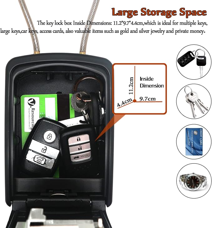 V·RESOURCING Extra Large Key Storage Security Lock, 4-Digit Re-settable Combination Lock Box with Removable Chain – Heavy Duty Zinc Alloy for Home, Office, Garage, Outdoor Use (Inside: 11.2x9.7x4.4cm) - Image 3