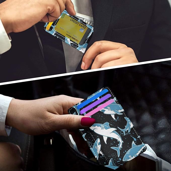 Front Pocket Minimalist Leather Slim Wallet Credit Card Holder Blue Shark for Men & Women - Image 6