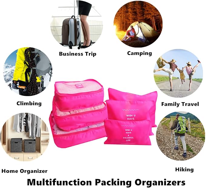 6 Set Packing Cubes Laundry Pouch, Travel Storage Bag Organizer Pouch, Luggage Packing Organizer Bags, Compression Bags for Backpack Suitcases (Hot Pink) - Image 5