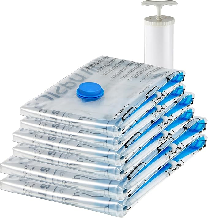 Amazon Basics Vacuum Storage Bags for Clothing, Multiple Sizes Compression Zipper Bags with Hand Pump for Space Saving and Travel, 6-Pack (2 Medium, 2 Large, 2 Jumbo), Transparent by AmazonBasics