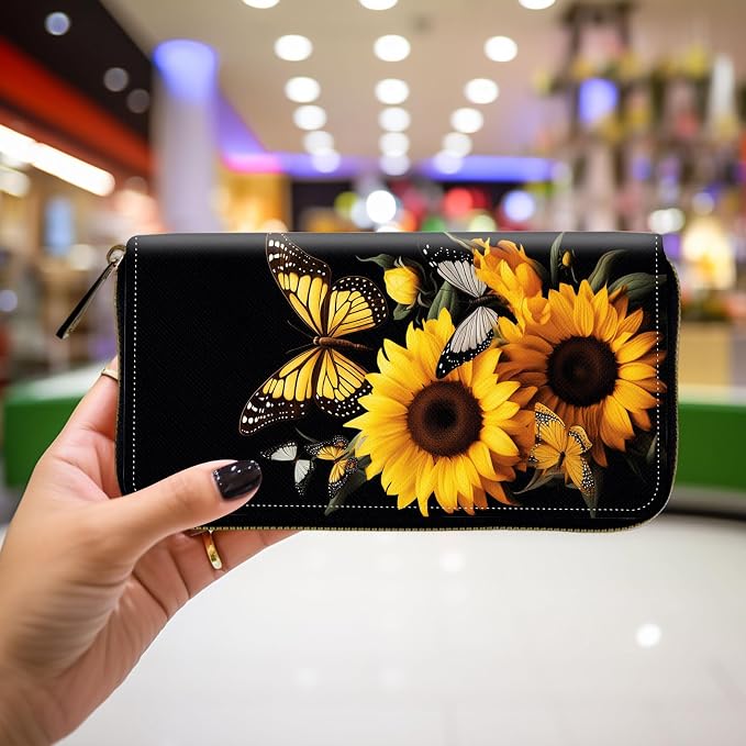 Wallet,Leather Long Wallet Suitable For Ladies And Teenagers - Detachable Wristband + RFID Travel Wallet With Card Slot - Sunflower Butterfly - Image 4