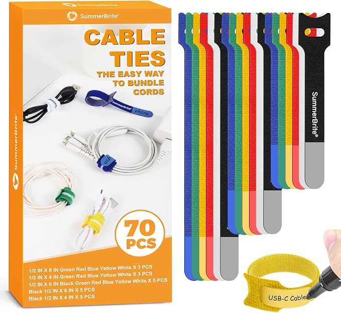 SummerBrite 70 Pack Assorted Cable Ties (4, 6, 8 Inch) Multi-Color with Writable Labels, Reusable Cord Organizer Straps, Hook & Loop Wire Management for Electronics, Home Office, PC Desk & Travel by Summerbrite