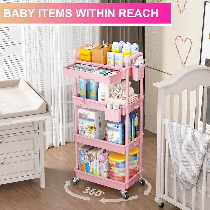 Goovilla 4 Tier Rolling Utility Cart Organizer with Removable Drawer, Pink | Stable and Sturdy Rolling Storage Carts with 2 Lockable Wheels for Bathroom, Kitchen, Snack, Craft, Makeup, Baby Essentials - Image 6