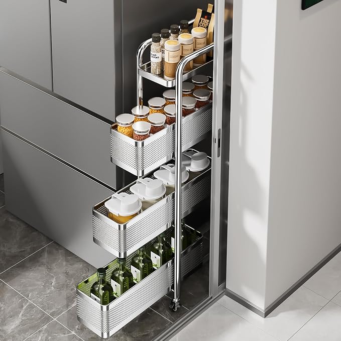 4-Tier Slim Storage Cart with 3 Slide-Out Drawers, 6.3" Sturdy Stainless Steel Rolling Utility Cart Organizer for Narrow Space, Kitchen, Bathroom, Laundry Room, Pantry, Stable & Rustproof by Unknown