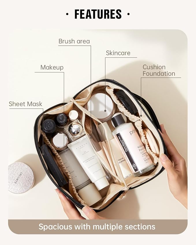 EACHY Travel Makeup Bag for Women, PU Leather Cosmetic Bag, Black, Medium | Water-resistant PU leather exterior with flat-open access, clear TPU brush compartment and organized storage for cosmetics - Image 2