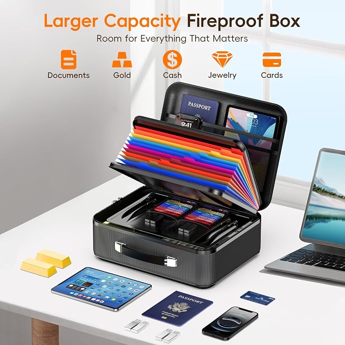 Fireproof Document Box with Lock, Waterproof Hard Shell File Organizer with Accordion Folder, Portable Fireproof File Safe Box for Home Office Storage of Documents, Laptop, Cash & Passports - Image 4