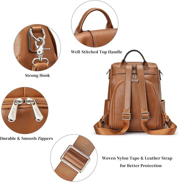 S-ZONE Leather Backpack Purses for Women Antitheft Rucksack Shoulder Bag Medium | Genuine Leather, Medium Fits 9.7-inch Tablet, for Work Travel Daily Commute, Multi Pockets, Adjustable Dual Straps - Image 5