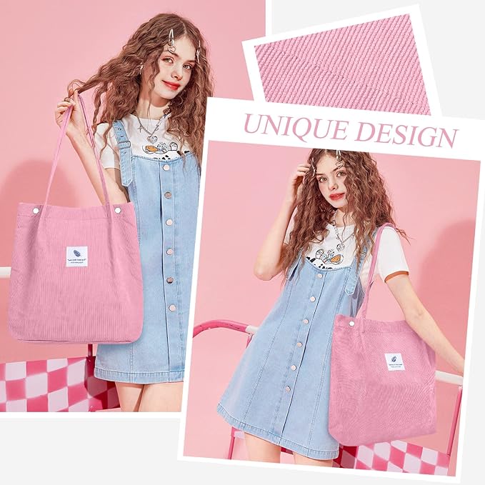 LHMTQVK Corduroy Tote Bags for Women, Large Capacity Tote Purse Reusable Grocery Shoulder Bag with Inner Pockets - Image 2