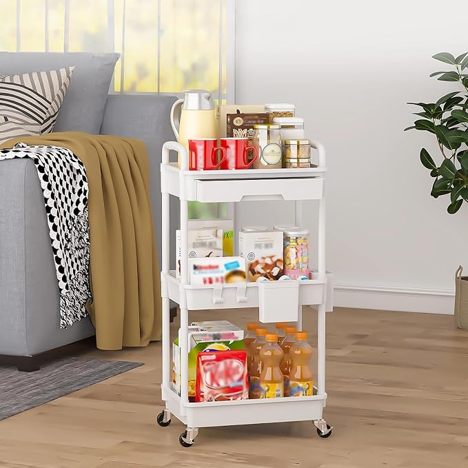 3 Tier Rolling Utility Cart with Drawer, Plastic Storage Organizer Rolling Carts with Wheels Handles Hanging Cups Hooks for Office, Bathroom, Kitchen,Craft Art Room (White) - Image 8