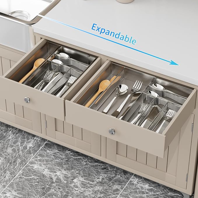 JANE EYRE Utensil Drawer Organizer - Expandable Cutlery Tray, Silverware/Flatware Storage Divider for Kitchen, Mesh Designing with Non-slip Rubber Feet (Silver) - Image 2
