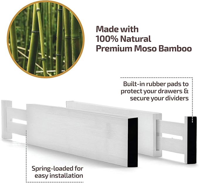 4-Pack Drawer Divider - 2.6" High, 16" to 22" Adjustable Bamboo Drawer Organizers for Clothes, Expandable Dresser Separators in Bedroom/Bathroom/Kitchen/Office Organization and Storage (White) - Image 9