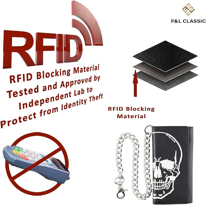 F&L CLASSIC RFID Blocking Mens Tri-fold Long Style Leather Steel Chain Wallet,black skull,212-50 - Image 7