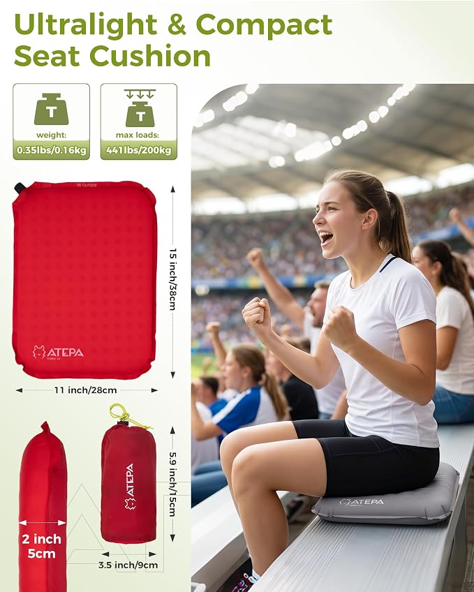 ATEPA Inflatable Seat Cushion | 2" & 2.5" Foam Core Seat Pad, Self Inflating, Compact, Stadium, Airplane, Travel, Camping, Hiking, Sports events - Image 2