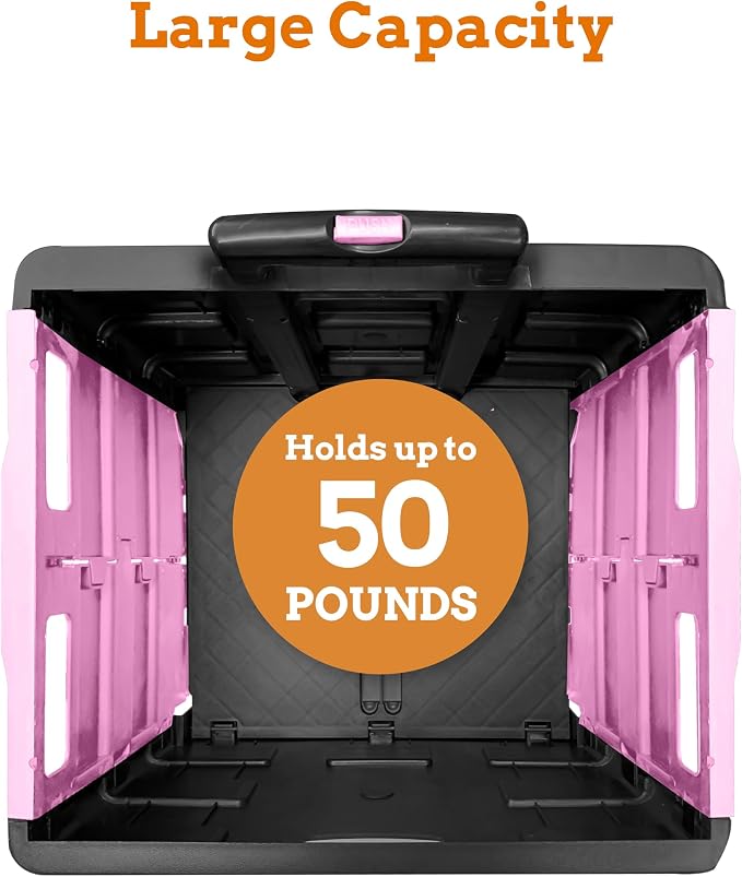 Inspired Living Ultra-Slim Rolling Collapsible Storage Pack-N-Roll Utility-carts, with Telescopic Handle, for Home, Garden, Shopping, Office, School use, Medium, Pink & Black - Image 3