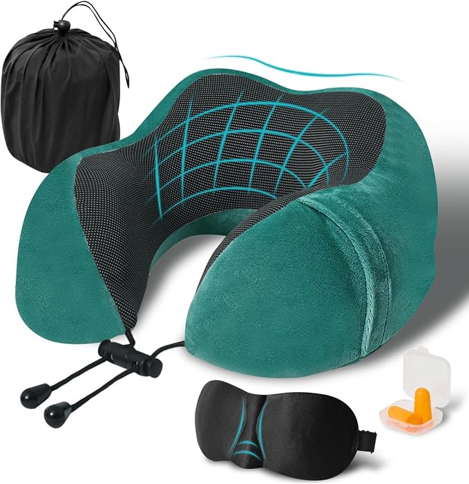 Travel Pillow, Memory Foam Neck Pillow for Traveling, U Shape Neck Pillow Airplane Portable Flight Pillow Travel Kit with 5D Contoured Eye Masks and Earplug for Plane Train Car Home Office by Unknown