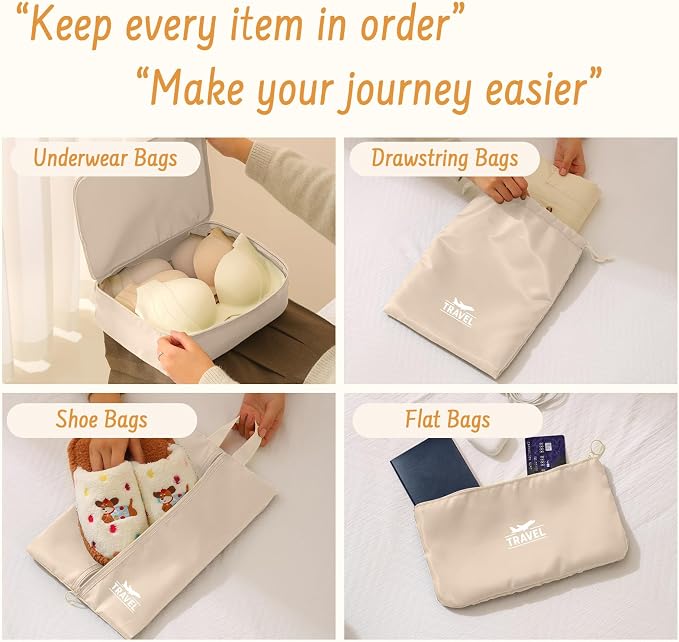 9 Set Packing Cubes for Travel Essentials - Lightweight Carry-On Luggage Organizer Bags with Shoe, Clothes & Laundry Bags for Airplane, Family & Business Travel, Beige - Image 5