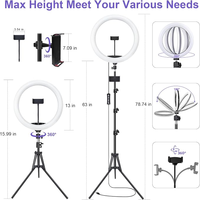 12" Selfie Ring Light with 75" Tripod Stand & 2 Phone Holder, LED Camera Ringlight with 48 RGB Colors Modes & Musical Rhythm Mode and 12 Brightness Dimmable for TikTok/Makeup/Photography/Vlog - Image 6