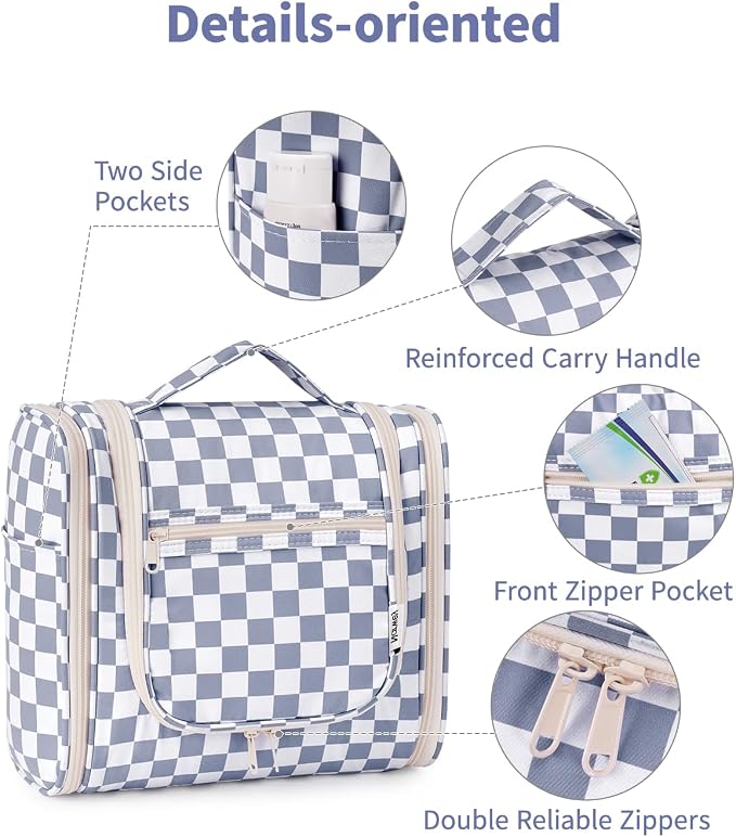 Narwey Checkered Hanging Travel Toiletry Bag for Women, Travel Bag for Toiletries, Makeup Bag Organizer Cosmetic Bags Make Up Bags for Women (Grayish Blue Checkerboard) - Image 6