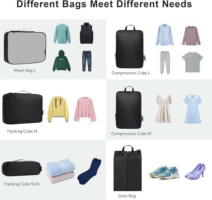 Bagail Ultralight Compression Cubes 7 Set - 3 Packing Cubes, 3 Organizers, and 1 Shoe Bag - Image 4
