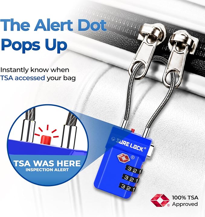 SURE LOCK TSA Approved Luggage Locks with Open Alert Indicator, 3 Digit Combination Cable Travel Lock for Suitcase, Backpack, Gym Locker, Toolbox, Carry On & Travel Bag - Image 3