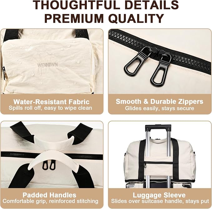Foldable Travel Bag for Women, Expandable 28L-40L Lightweight Personal Item Carry On Bag, Packable Duffel Bag, Weekender Overnight Travel Tote, Collapsible Luggage Bag, Cream White - Image 5