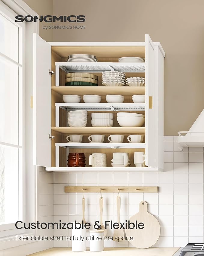 SONGMICS Spice Rack, Expandable Kitchen Countertop Shelf, Steel | Set of 4 small cupboard organizers, space-saving tabletop shelves, Matte White, UKCS404WC01 - Image 2