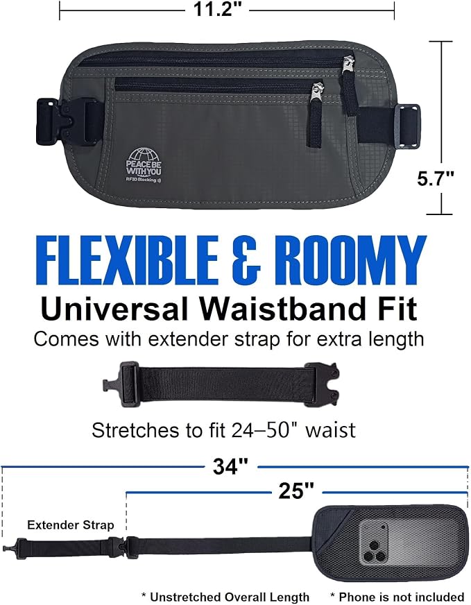 Money Belt for Travel, Passport Holder, RFID Blocking, Sweat-Proof, Gray | 3rd Gen Hidden Waist Wallet Anti Theft to Protect Cash, Credit Cards and Documents Under-Clothes for Men & Women, Bamneat - Image 4