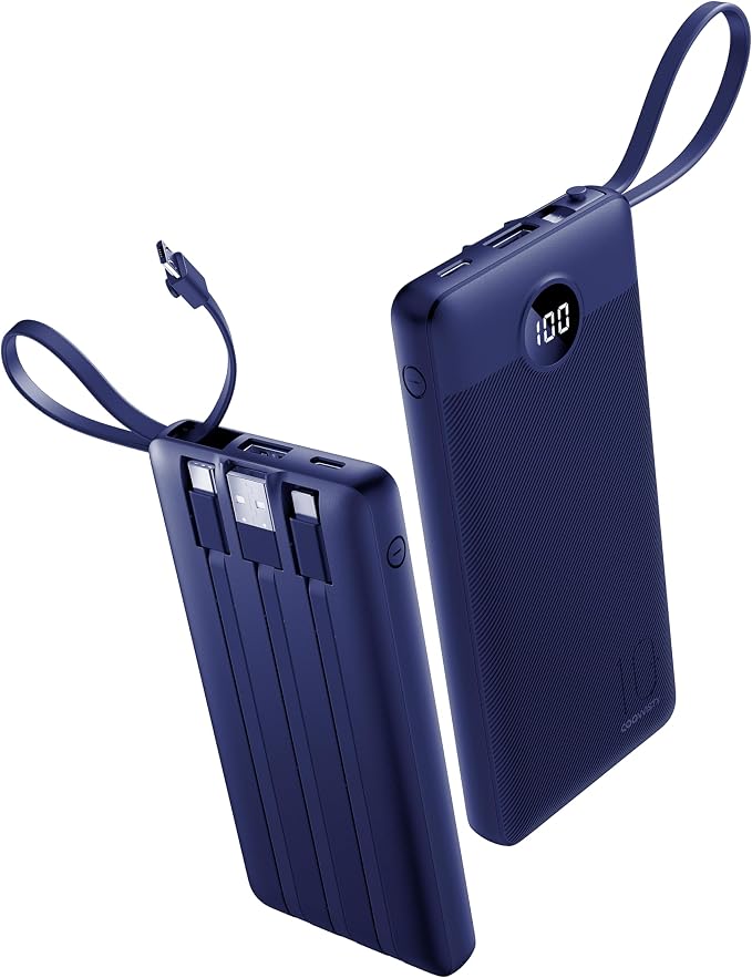 Portable Power Bank, Compact 10000mAh Portable Charger with 4 Cables, USB C Battery Pack 5 Outputs 2 Inputs LED Display Compatible with iPhone/Android & More (Navy Blue) by KeepYourLifeCharged%EF%BC%81