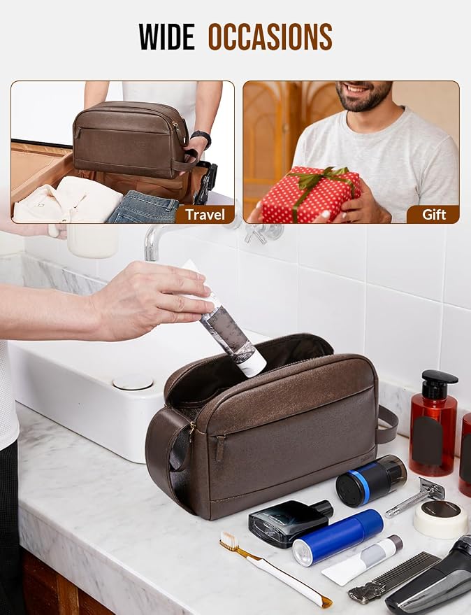 Large PU Leather Toiletry Bag for Men - Water Resistant Travel Bag for Toiletries, Bathroom Essentials, Accessories - Dark Brown - Image 6