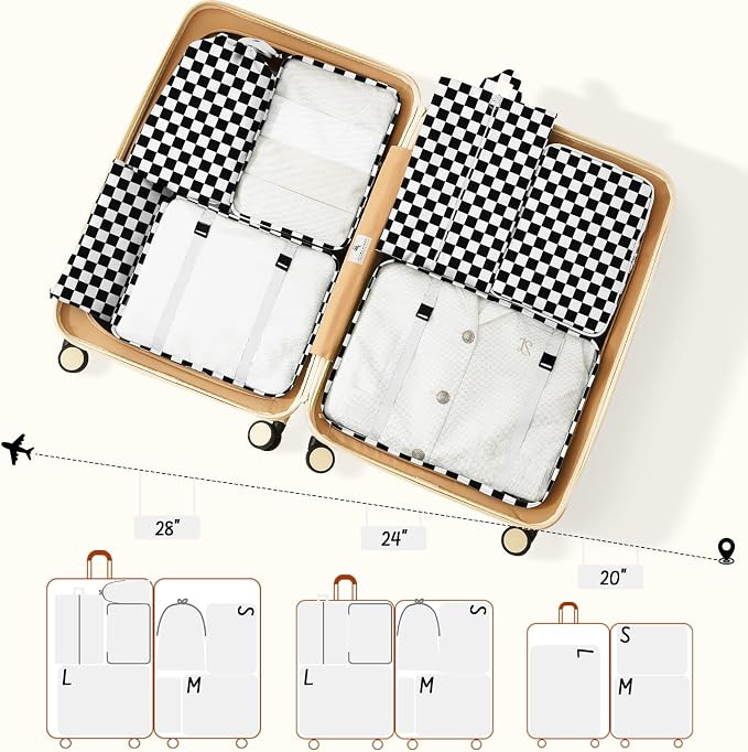 9 Set Packing Cubes for Travel Essentials - Lightweight Carry-On Luggage Organizer Bags with Shoe, Clothes & Laundry Bags for Airplane, Family & Business Travel, Black checkered - Image 3