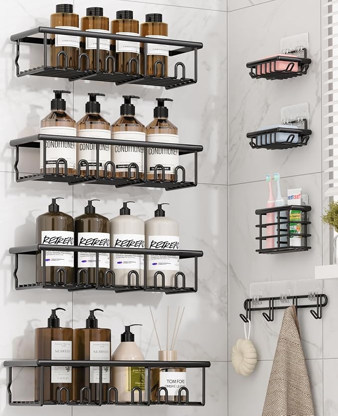 8 Pack Adhesive Large Capacity No-Drilling Shower Caddy, Black | Rustproof Shower Shelves Rack with Soap Dishes, Toothbrush Holder & Hooks for Bathroom Organizers & Storage Accessories by Unknown
