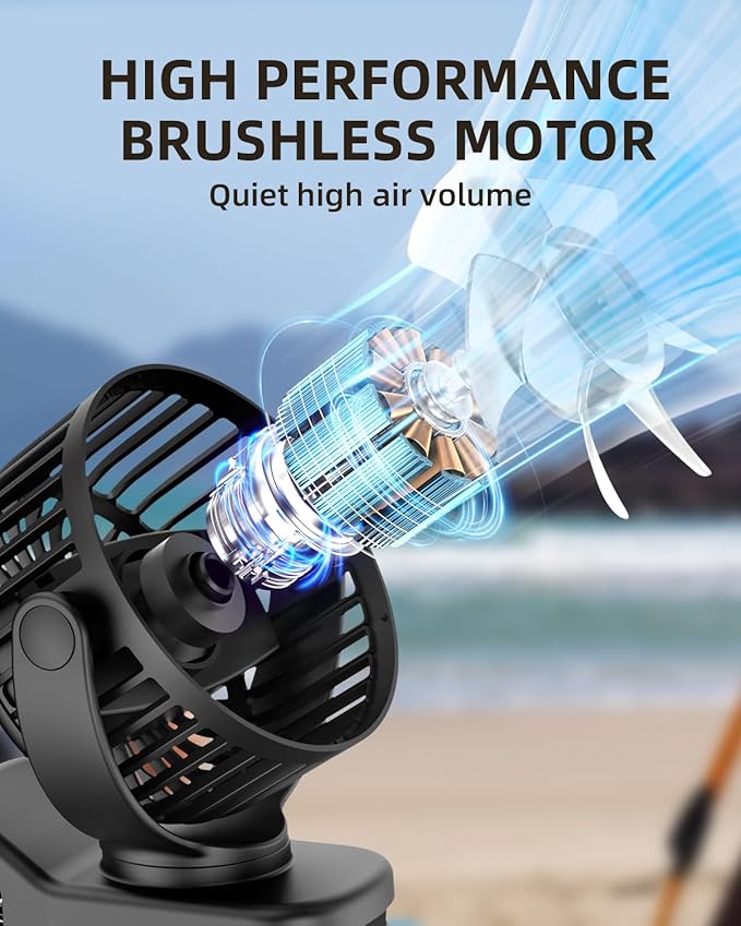 TUNISE Mini Clip on Fan, Battery Operated Desk Fan, Digital display，3 Speeds Adjustable, Bidirectional 360 ° Adjustable, Super Strong Wind, Portable Fan for Home Office Stroller Camping Black - Image 6