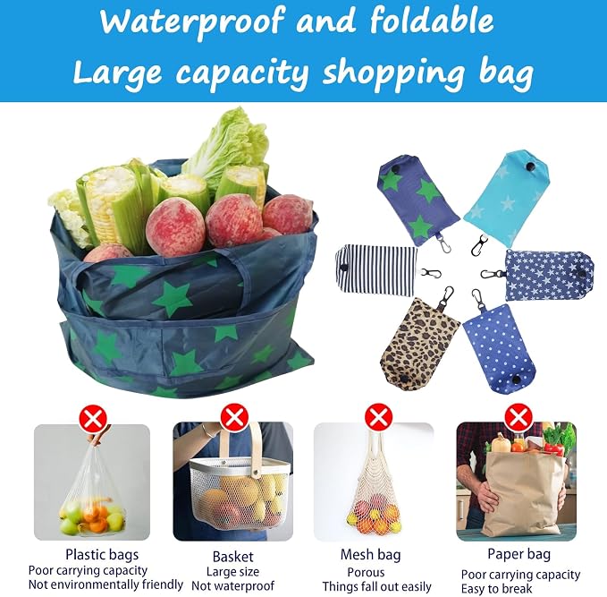 DXMWWTP 6 Pcs Foldable Reusable Shopping Bags,Tote Bags, Grocery Bags with Hook, Eco-friendly Travel Recycle Shopping Bags in Pocket, Waterproof and Machine Washable for Daily Shopping Supplies - Image 4