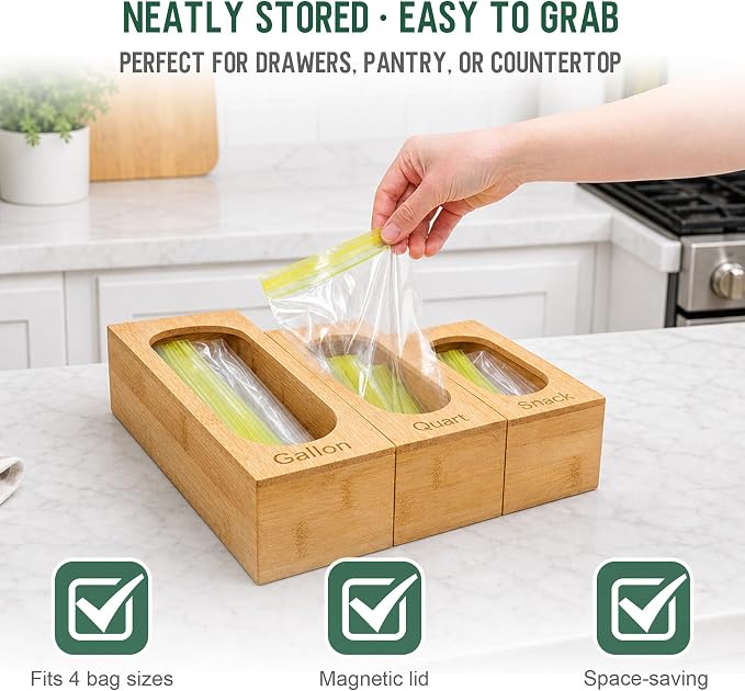 Storage Bag Organizer for Kitchen Drawer, 5-Slot, Bamboo | Bamboo, 5 Independent Boxes, Slide Cutter, Magnetic Lid, Space-Saving Drawer Organizer - Image 3