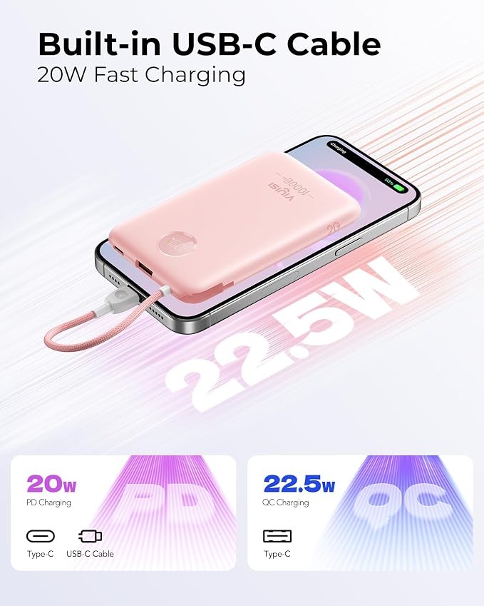 VIYISI 0.58” Slim Portable Charger Small 10000mAh with Built-in USB C Cable | PD 20W Compact Power Bank Fast Charging Battery Pack Cute Travel Essential for iPhone 17 16 15 Samsung S25 A16 Android-Pink - Image 3