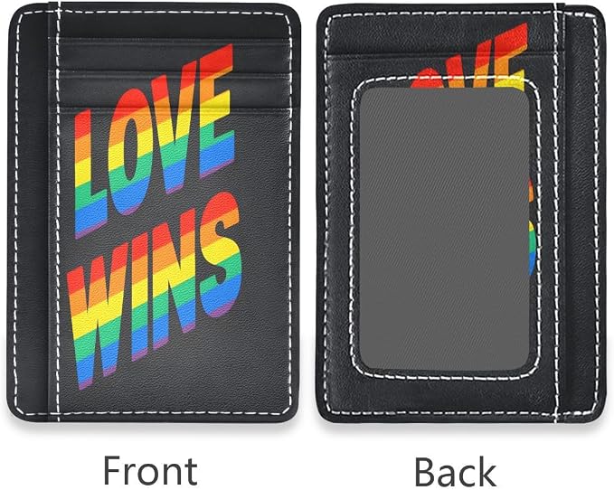 Front Pocket Minimalist Leather Slim Wallet Credit Card Holder Love Wins Pride Rainbow for Men & Women - Image 2