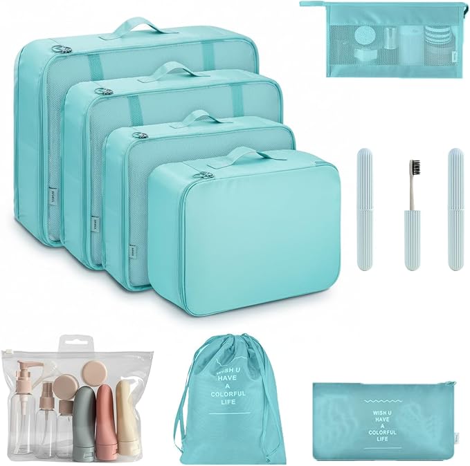 11 Set Packing Cubes for Travel, Anti-Tearing Suitcase Organizer | Luggage with Shoe & Hanging Toiletry Bag, 7 Travel Packing Cubes, Green, 1 Clear Toiletries Bag , 3 Portable Toothbrush Cases by Unknown