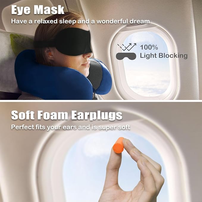Travel Pillow, Memory Foam Neck Pillow for Traveling, U Shape Neck Pillow Airplane Portable Flight Pillow Travel Kit with 5D Contoured Eye Masks and Earplug for Plane Train Car Home Office - Blue - Image 2