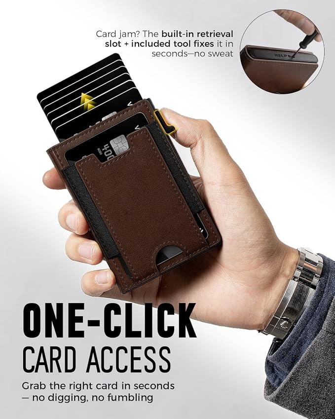 iwantit Slim Wallet for Men Card Holder: Minimalist RFID Blocking Wallet for 8-10 Cards - Smart Pop Up Card Case with Detachable Money Clip - Premium Leather Cardholder, Gift Boxed (Oil Wax Brown) - Image 3