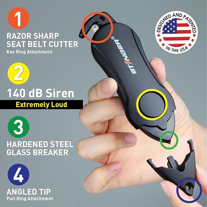 Stinger USA 140 db Siren Personal Safety Alarm Keychain Emergency Tool,2pcs | Panic Alarm Siren, Seatbelt Cutter, Car Window Breaker, Safety Device for Women Kid(Black) - Image 2