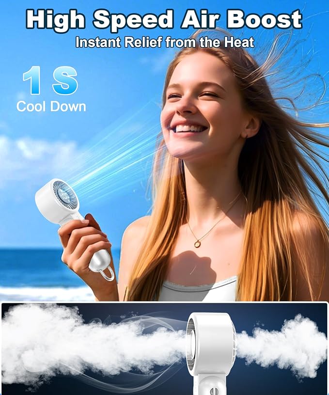 BEYYON Portable Handheld Turbo Fan, Travel Essentials, Gifts for Women/Men | LED Display, 5-Speed, Powerful Airflow, USB Rechargeable, Lanyard, Foldable Personal Fan for Cruise, Beach, Vacation - Image 4