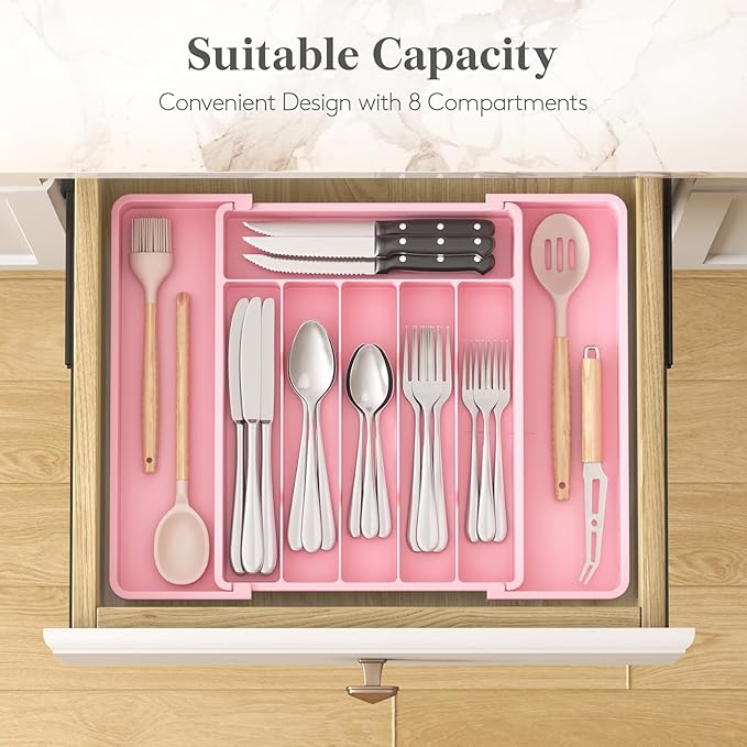 Lifewit Expandable Silverware Drawer Organizer, Kitchen Utensil Tray | BPA-free Plastic Flatware Cutlery Holder, Space-Saving Storage for Spoons Forks Knives, 11-18 x 14 x 1.5“, Pink - Image 3